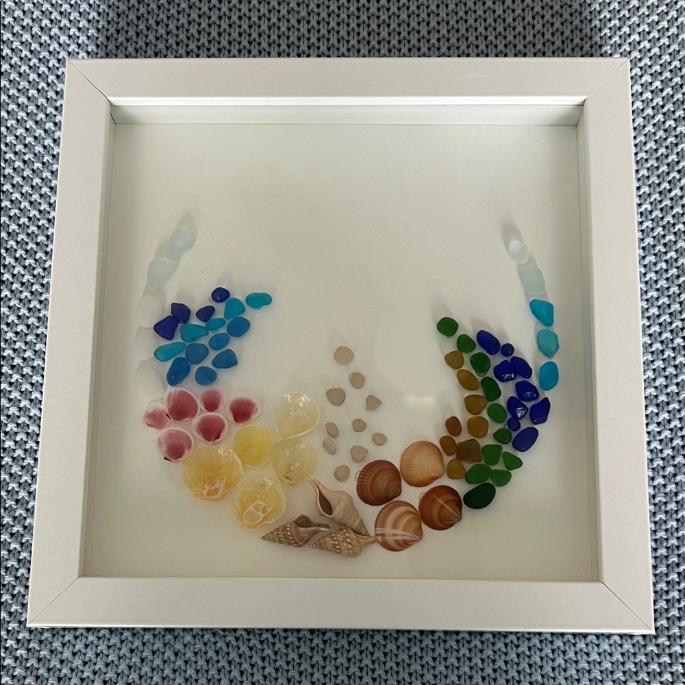 Colorful Seashell and Glass Art in White Frame